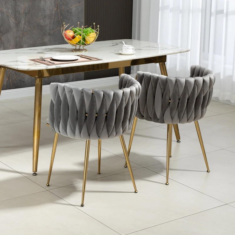 Set aus 2 Esszimmerstühlen mit Bezug in Samtoptik mit vergoldeten Metallbeinen, Grau