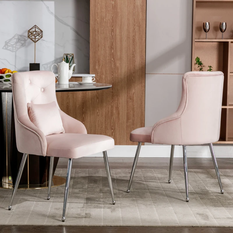 Set de 2 Sillas de Comedor Modernas en Tela Efecto Terciopelo con Cojín Lumbar Asiento Acolchado y Diseño de Botones Rosa