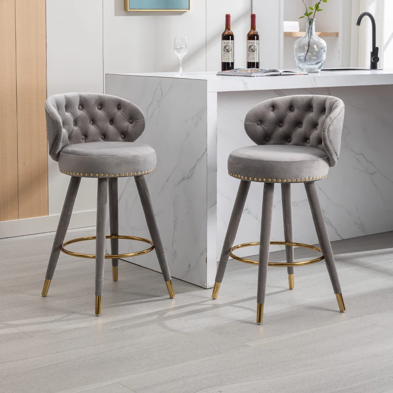 Set aus 2 höhenverstellbaren Barhockern mit Lehne und 360°-Drehung, Holzfüßen und Bezug in Samtoptik für Zuhause, Küche und Restaurants, Grau