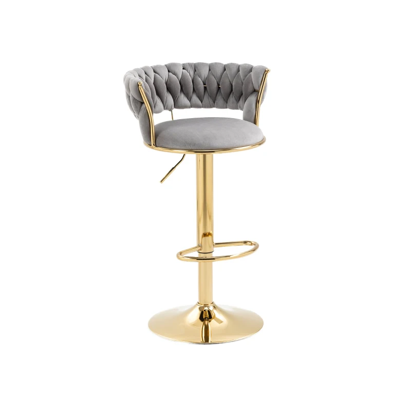 Set aus 2 höhenverstellbaren Barhockern mit Lehne und 360°-Drehung, Bezug in Samtoptik, Grau