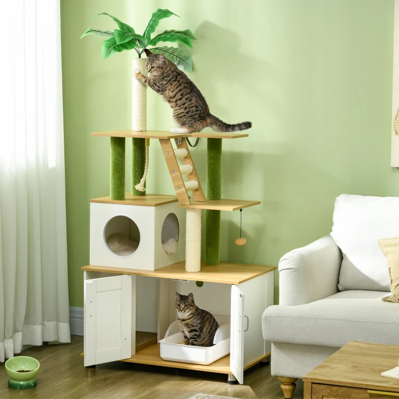 PawHut Krabpaal Katteboom, inclusief Kast, 1 Kattenhol, 80 x 48 x 160cm, 1 Ladder, Eik + Wit