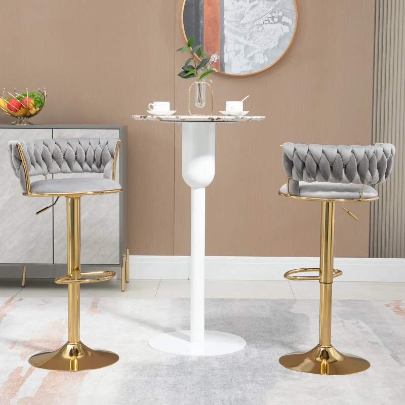 Set aus 2 höhenverstellbaren Barhockern mit Lehne und 360°-Drehung, Bezug in Samtoptik, Grau