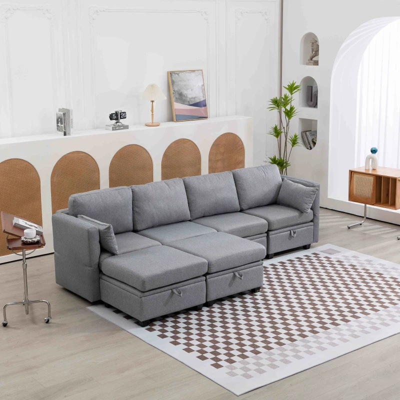 U-förmiges modulares Sofa mit Stauraum, durch zufälliges Verbinden als Doppelbettsofa nutzbar, extra breit für das Wohnzimmer, Grau