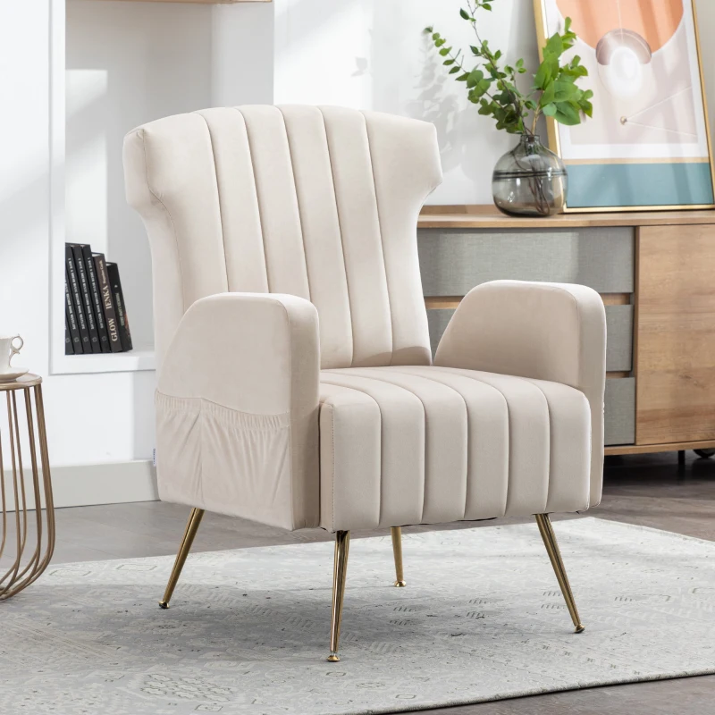 Relaxsessel mit Bezug in Samtoptik, elegantes und modernes Design für Wohnzimmer und Aufenthaltsraum mit Liegefunktion und abnehmbaren Kissen, Beige