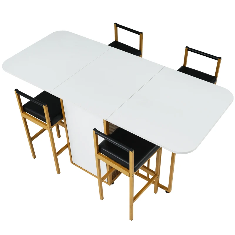 Juego de Comedor con Mesa Plegable Multifuncional y 6 Sillas de Estilo Moderno Color Blanco y Dorado