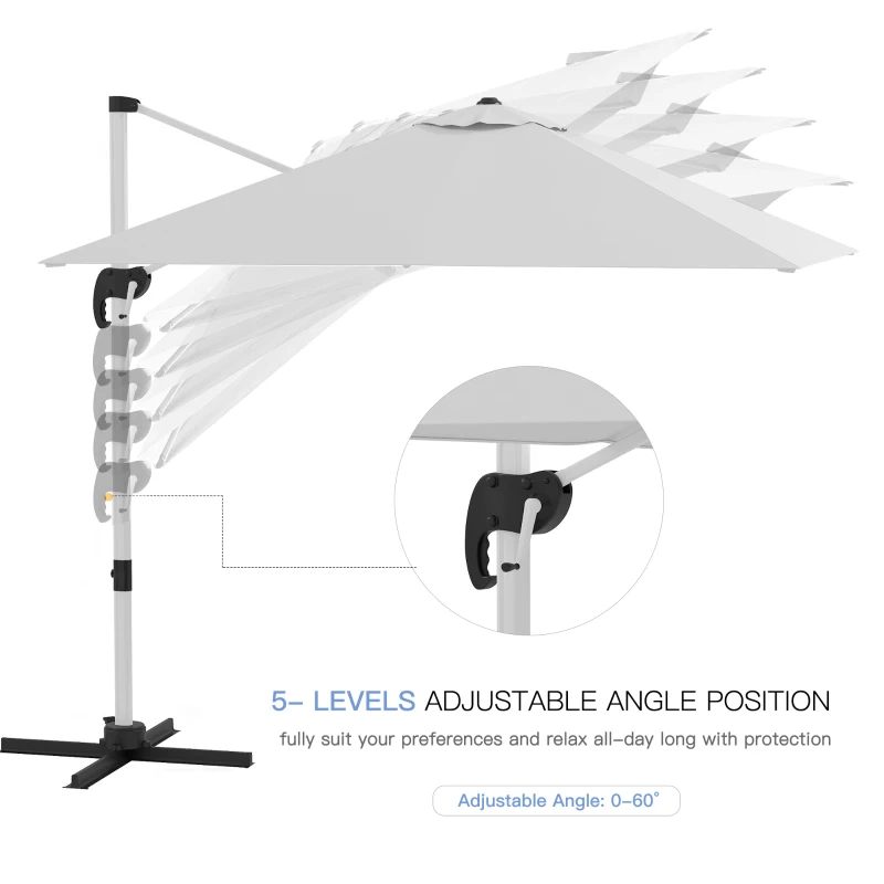 Outsunny 3 x 3(m) Cantilever Roma Parasol with Aluminum Frame, Crank and Tilt, Square Overhanging Patio Umbrella with 360° Rotation, 250g Sun Shade Canopy with Cross Base, White