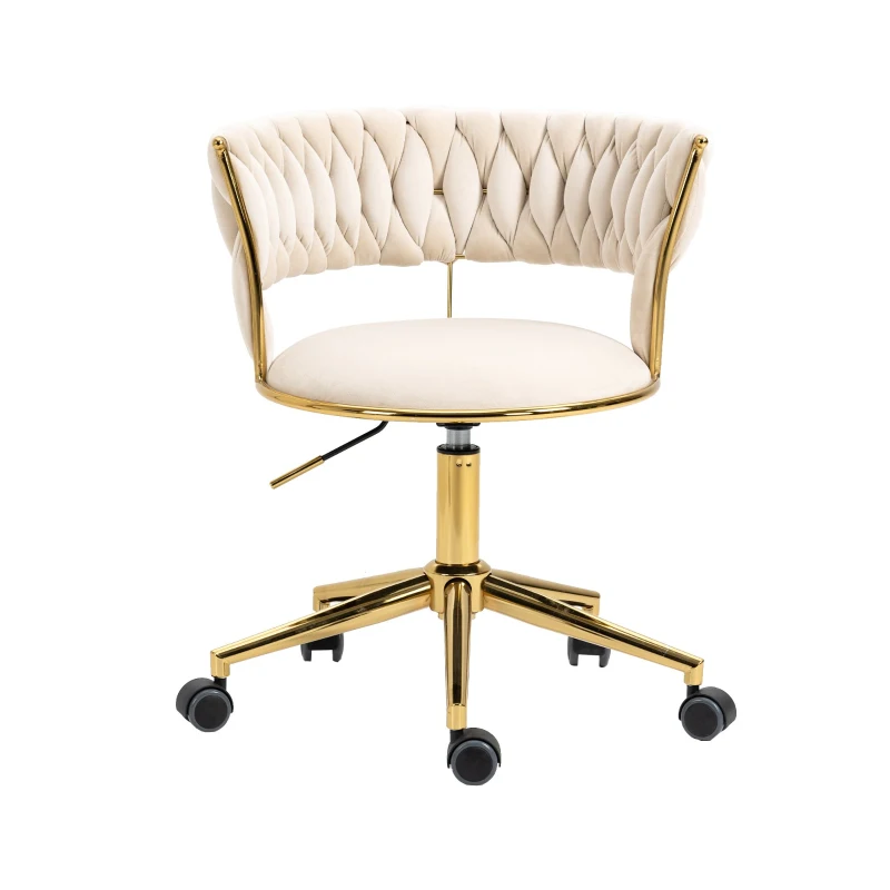 Design-Bürostuhl mit Bezug in Samtoptik, 360° drehbar, höhenverstellbar, bis 126kg belastbar, vergoldeter Fuß, Elfenbeinweiß