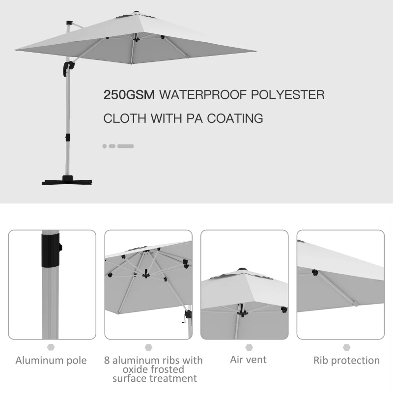Outsunny 3 x 3(m) Cantilever Roma Parasol with Aluminum Frame, Crank and Tilt, Square Overhanging Patio Umbrella with 360° Rotation, 250g Sun Shade Canopy with Cross Base, White