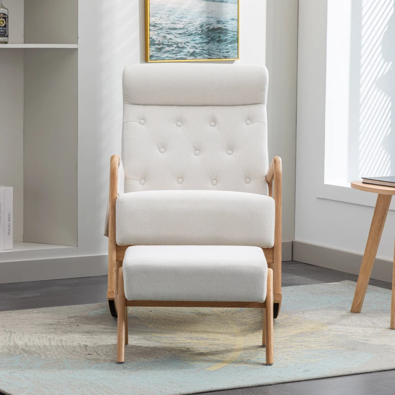 Schaukelstuhl mit Hocker - Ergonomisch, mit Fußstütze, hochwertiger Stoff, massives Holz, 65x85x94 cm, Beige