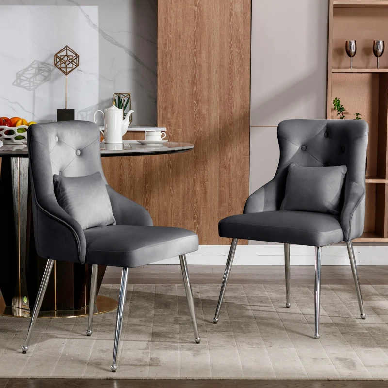 Set de 2 Sillas de Comedor Modernas en Tela Efecto Terciopelo con Cojín Lumbar Asiento Acolchado y Diseño de Botones Gris