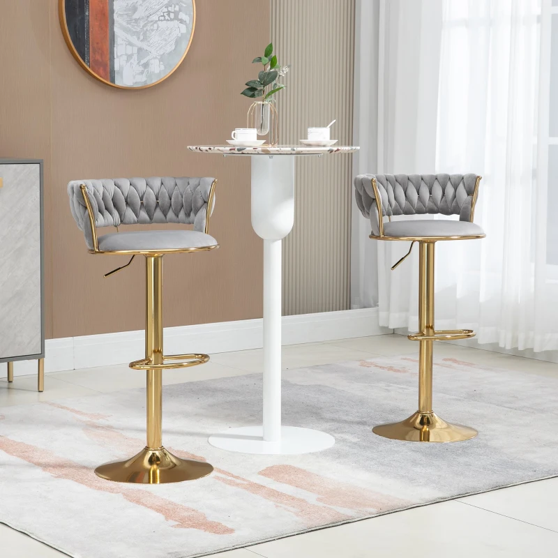 Set aus 2 höhenverstellbaren Barhockern mit Lehne und 360°-Drehung, Bezug in Samtoptik, Grau