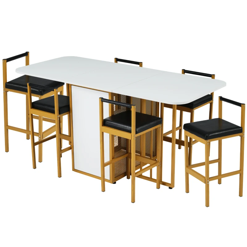 Juego de Comedor con Mesa Plegable Multifuncional y 6 Sillas de Estilo Moderno Color Blanco y Dorado