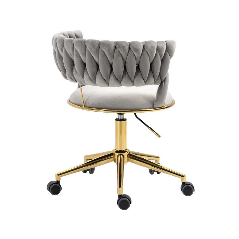 Design-Bürostuhl mit Bezug in Samtoptik, 360° drehbar, höhenverstellbar, bis 127kg belastbar, vergoldeter Fuß, Grau