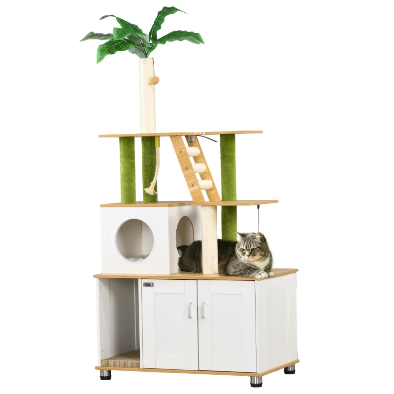 PawHut Krabpaal Katteboom, inclusief Kast, 1 Kattenhol, 80 x 48 x 160cm, 1 Ladder, Eik + Wit