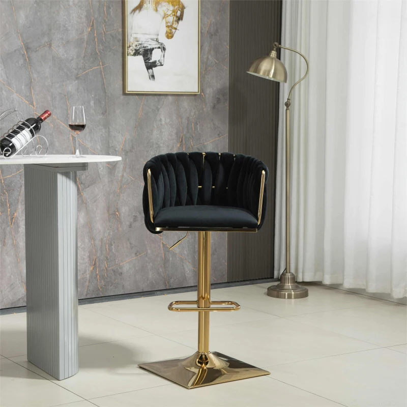 2 Art-déco Barhocker mit Lehne und Fußstütze, höhenverstellbar und 360° drehbar, Schwarz