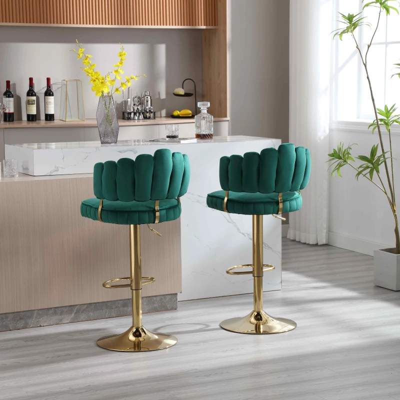 Set aus 2 drehbaren und höhenverstellbaren Barhockern mit Lehne und Fußstütze, Smaragd