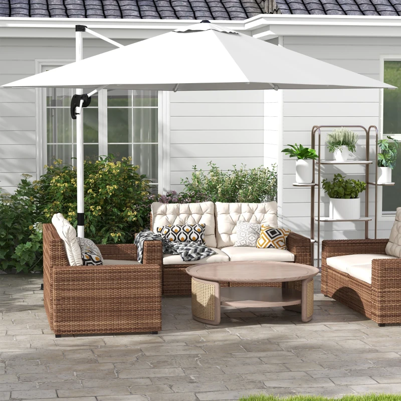 Outsunny 3 x 3(m) Cantilever Roma Parasol with Aluminum Frame, Crank and Tilt, Square Overhanging Patio Umbrella with 360° Rotation, 250g Sun Shade Canopy with Cross Base, White