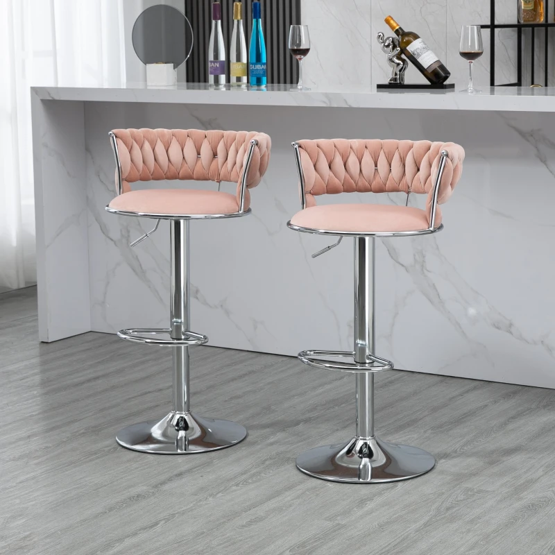 Set aus 2 höhenverstellbaren Barhockern mit Lehne und Fußstütze im Art-Déco-Stil, 360° drehbar, Rosa