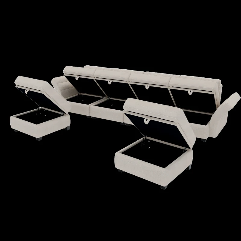U-förmiges modulares Sofa mit Stauraum, durch zufälliges Verbinden als Doppelbettsofa nutzbar, extra breit für das Wohnzimmer, Beige