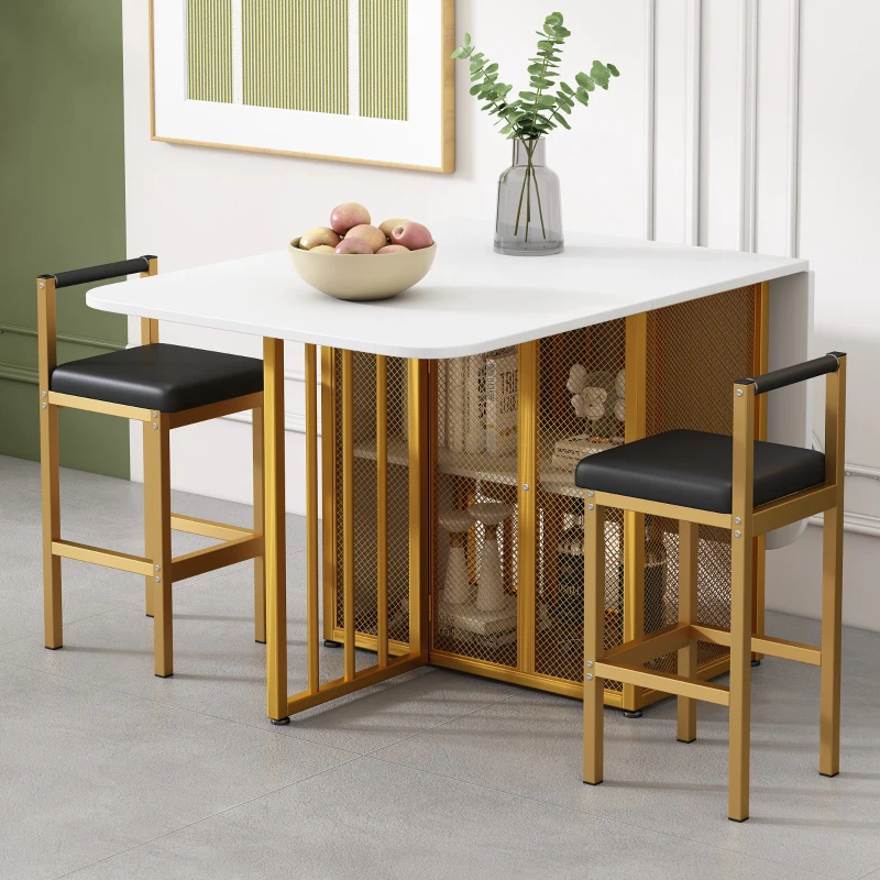 Juego de Comedor con Mesa Plegable Multifuncional y 6 Sillas de Estilo Moderno Color Blanco y Dorado