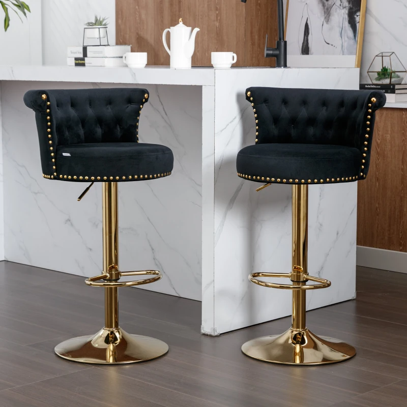 Set aus 2 drehbaren und höhenverstellbaren Barhockern mit Lehne und Fußstütze für Küche und Esszimmer, Schwarz