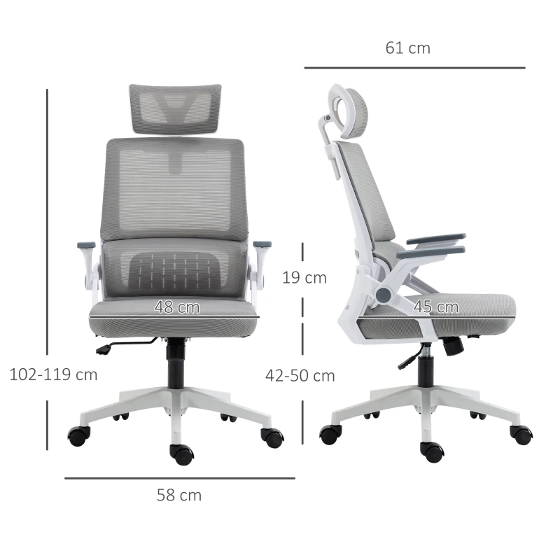 Vinsetto Bureaustoel Schrijftafelstoel Kantoorstoel, in hoogte verstelbaar, 1 Hoofdsteun, 58 x 61 x 119 cm, Grijs(m-3)