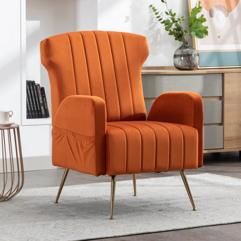 Relaxsessel mit Bezug in Samtoptik, elegantes und modernes Design für Wohnzimmer und Aufenthaltsraum, ideal als Ruhesessel oder Lounge Möbel, Orange