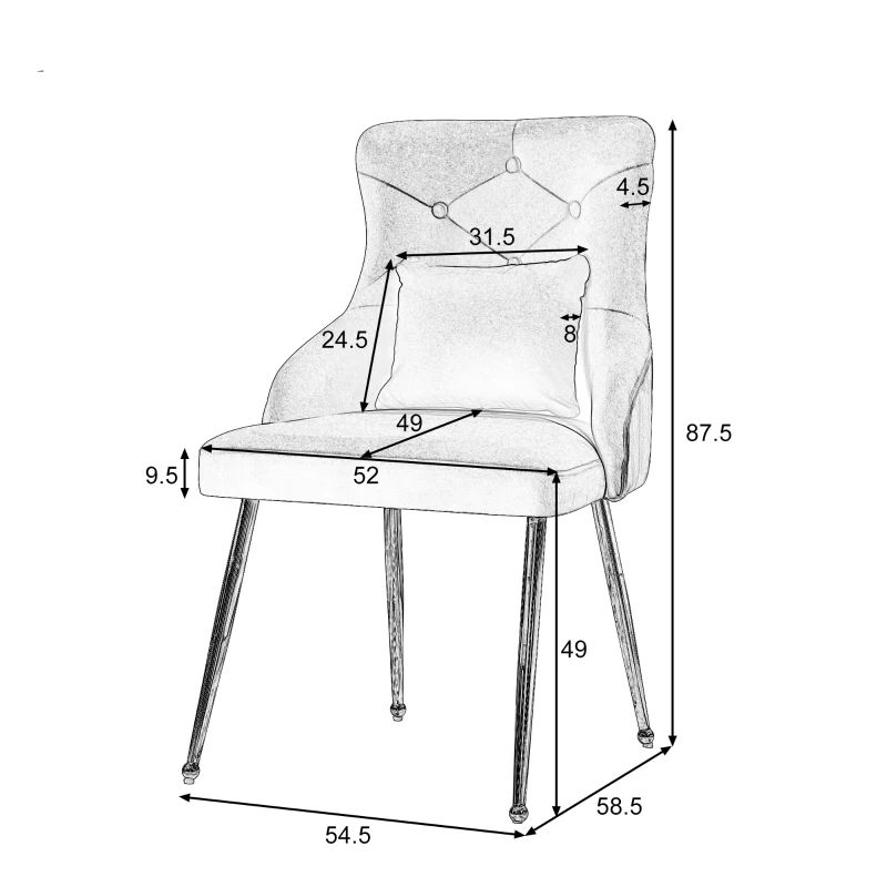 Set de 2 Sillas de Comedor Modernas en Tela Efecto Terciopelo con Cojín Lumbar Asiento Acolchado y Diseño de Botones Gris