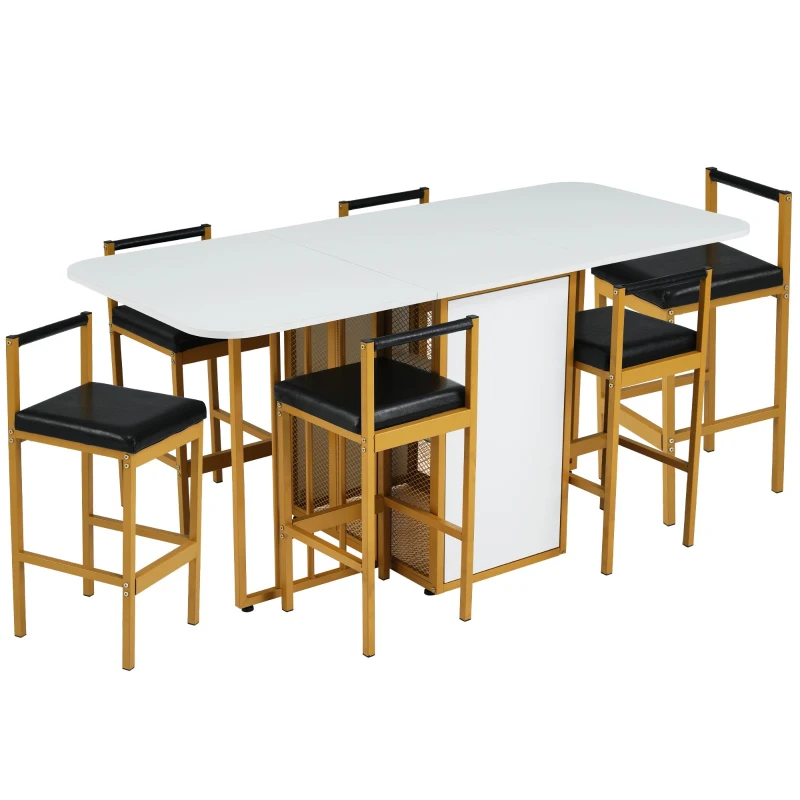 Juego de Comedor con Mesa Plegable Multifuncional y 6 Sillas de Estilo Moderno Color Blanco y Dorado