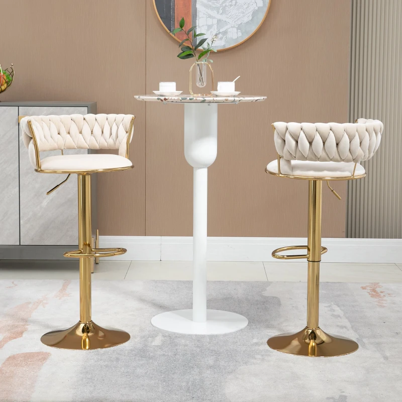 Set aus 2 höhenverstellbaren Barhockern mit Lehne, 360° drehbar, mit Bezug in Samtoptik, Elfenbeinweiß