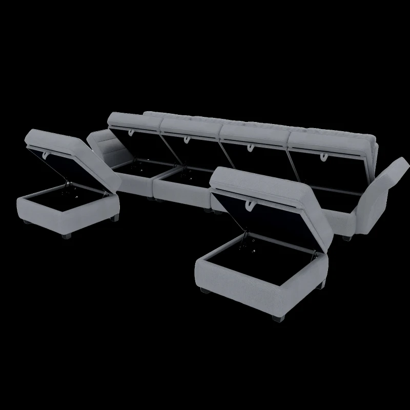 U-förmiges modulares Sofa mit Stauraum, durch zufälliges Verbinden als Doppelbettsofa nutzbar, extra breit für das Wohnzimmer, Grau