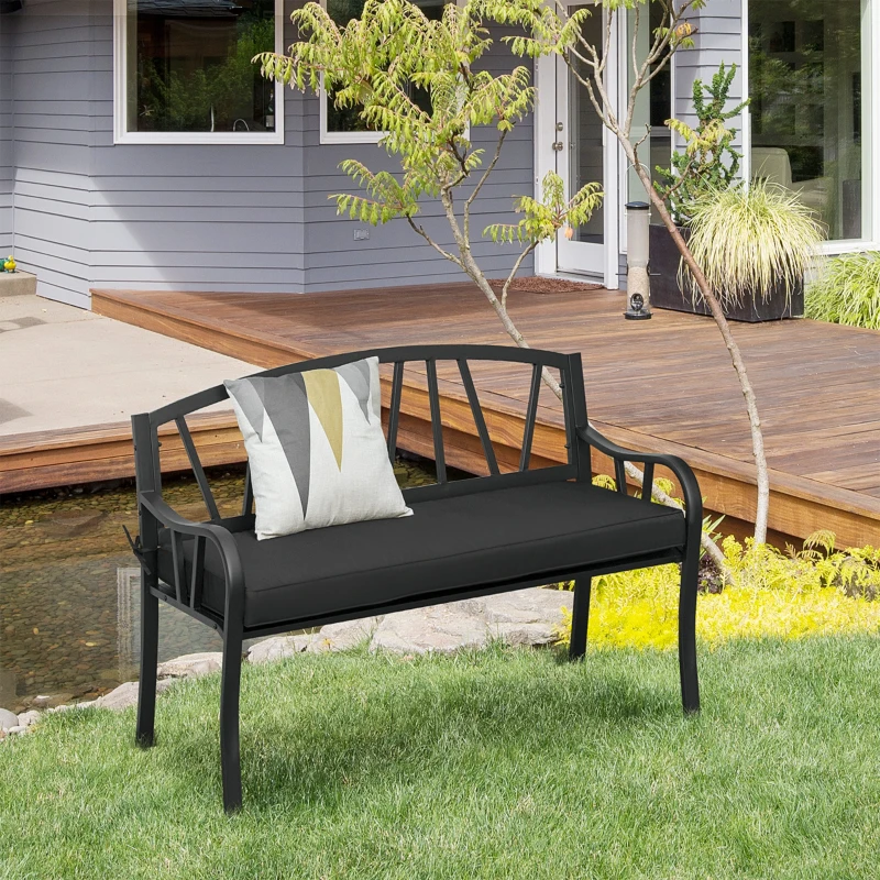 Outsunny 2-Seater Garden Bench with Cushion, Metal Loveseat, Slatted Outdoor Park Chair with Decorative Backrest and Armrest, Black