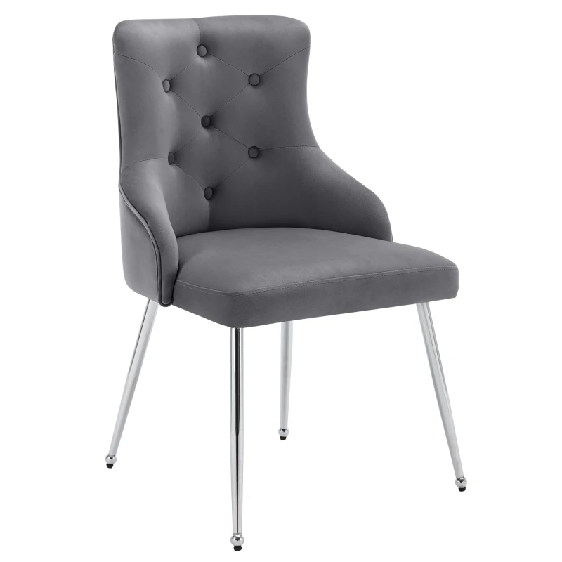 Set de 2 Sillas de Comedor Modernas en Tela Efecto Terciopelo con Cojín Lumbar Asiento Acolchado y Diseño de Botones Gris