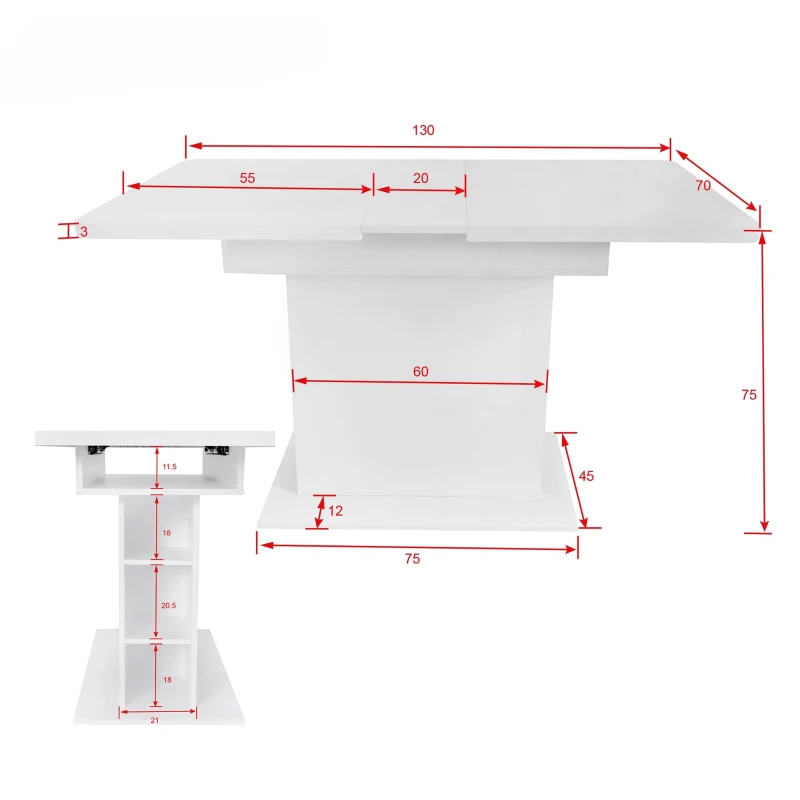 Mesa Extensible Multifuncional de Comedor en Metal y Aglomerado con Estantes Blanco