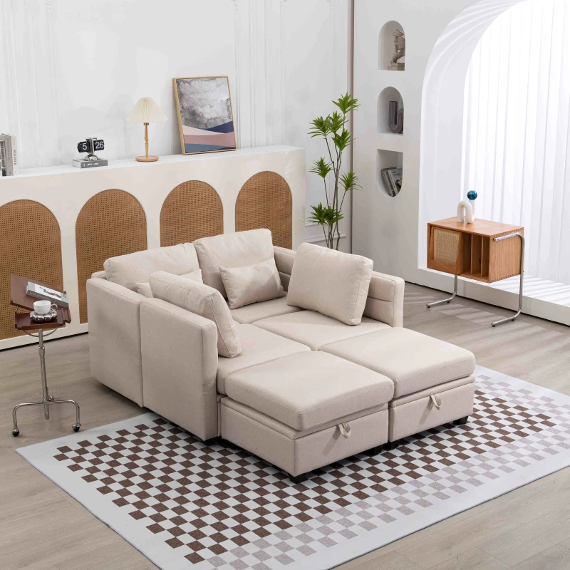 U-förmiges modulares Sofa mit Stauraum, durch zufälliges Verbinden als Doppelbettsofa nutzbar, extra breit für das Wohnzimmer, Beige