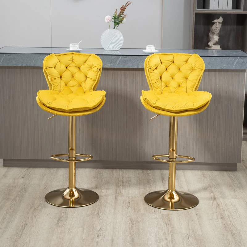 Set aus 2 drehbaren, höhenverstellbaren Barhockern mit Lehne und Fußstütze mit Bezug in Samtoptik für Küche und Esszimmer, Senfgelb