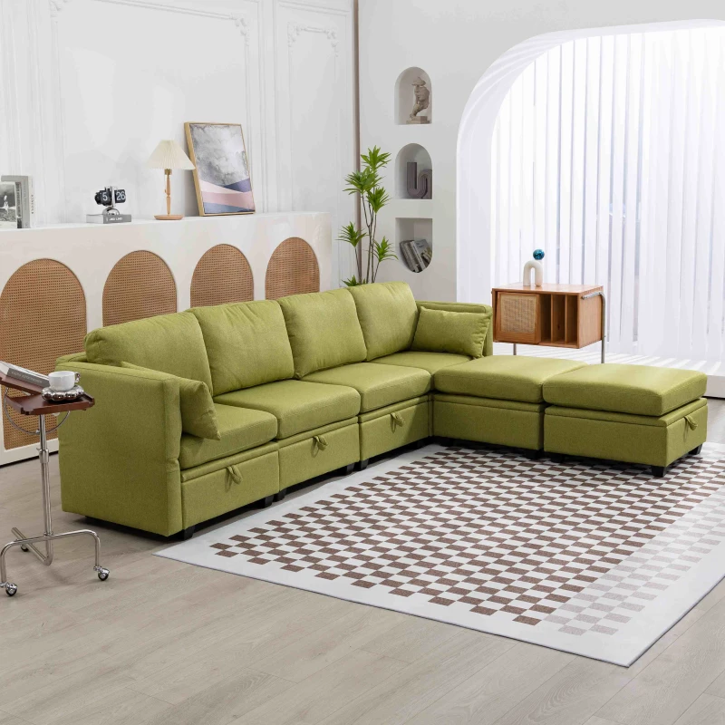 U-förmiges modulares Sofa mit Stauraum, durch zufälliges Verbinden als Doppelbettsofa nutzbar, extra breit für das Wohnzimmer, Olivgrün