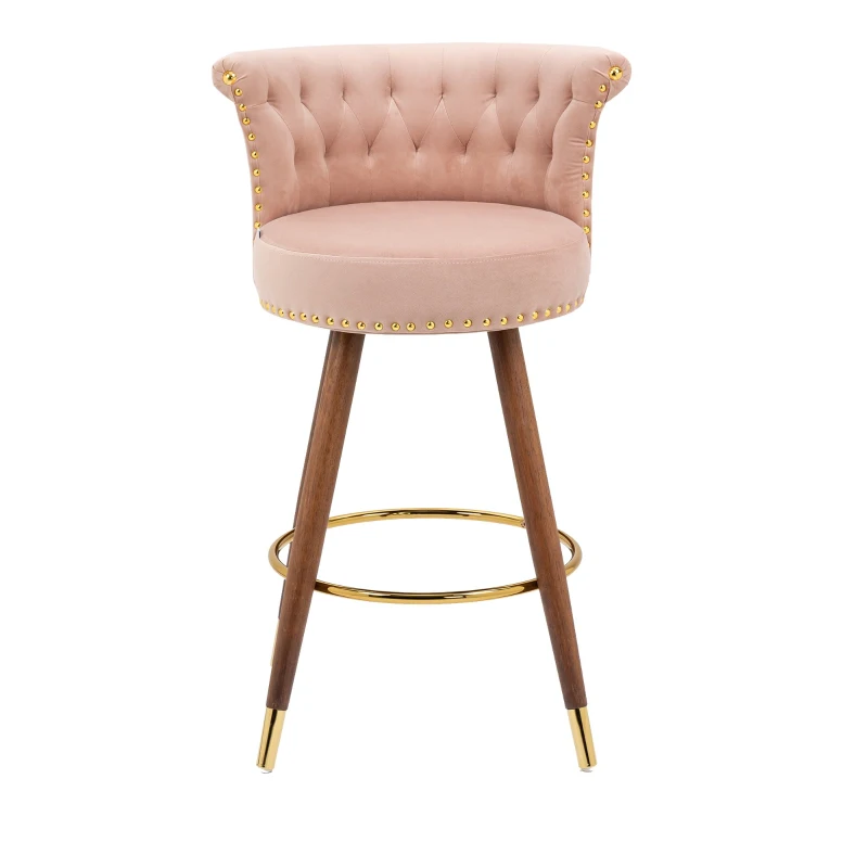 Set aus 2 höhenverstellbaren Barhockern mit Lehne, Nieten, Bezug in Samtoptik und Holzbeine für Küche und Esszimmer, umhüllender Sitz, Rosa