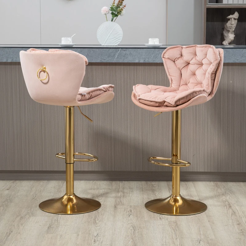 Set aus 2 drehbaren, höhenverstellbaren Barhockern mit Lehne und Fußstütze für Küche und Esszimmer, Rosa