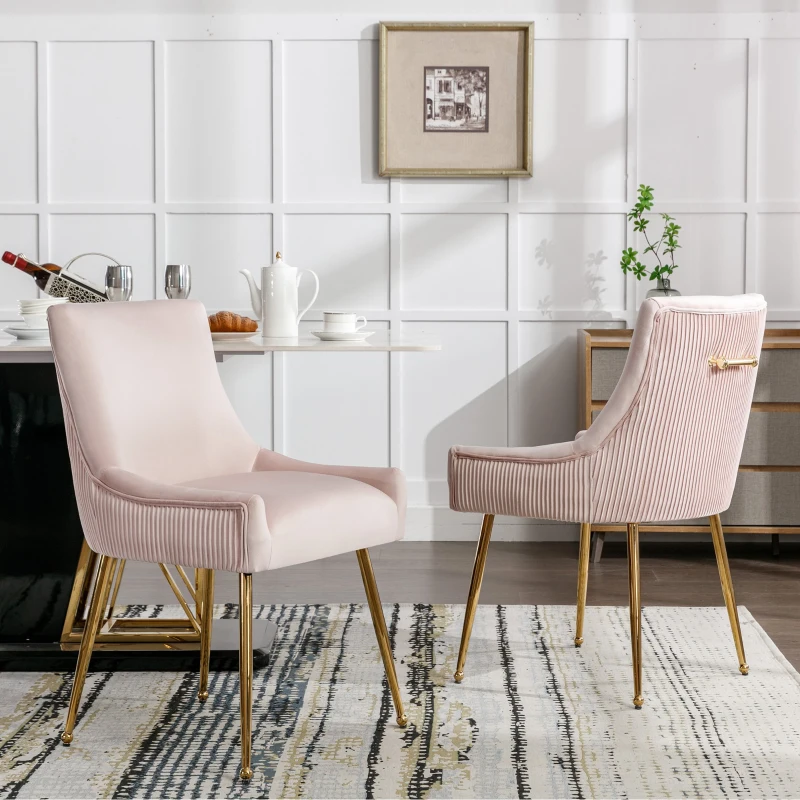 Set de 2 Sillas Modernas en Tela Efecto Terciopelo con Rayas Verticales y Asiento Acolchado Rosa