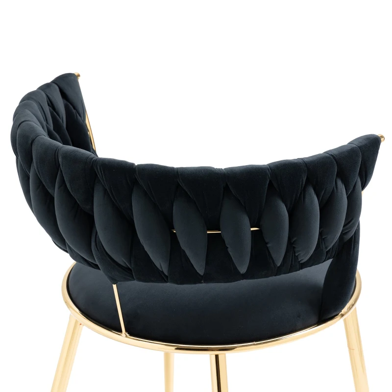 Set aus 2 modernen Esszimmerstühlen mit samtweichem Bezug mit geflochtener Rückenlehne und Armlehnen, Schwarz