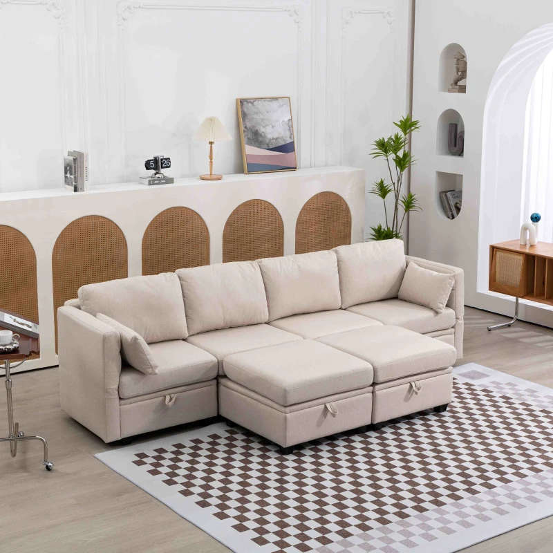 U-förmiges modulares Sofa mit Stauraum, durch zufälliges Verbinden als Doppelbettsofa nutzbar, extra breit für das Wohnzimmer, Beige