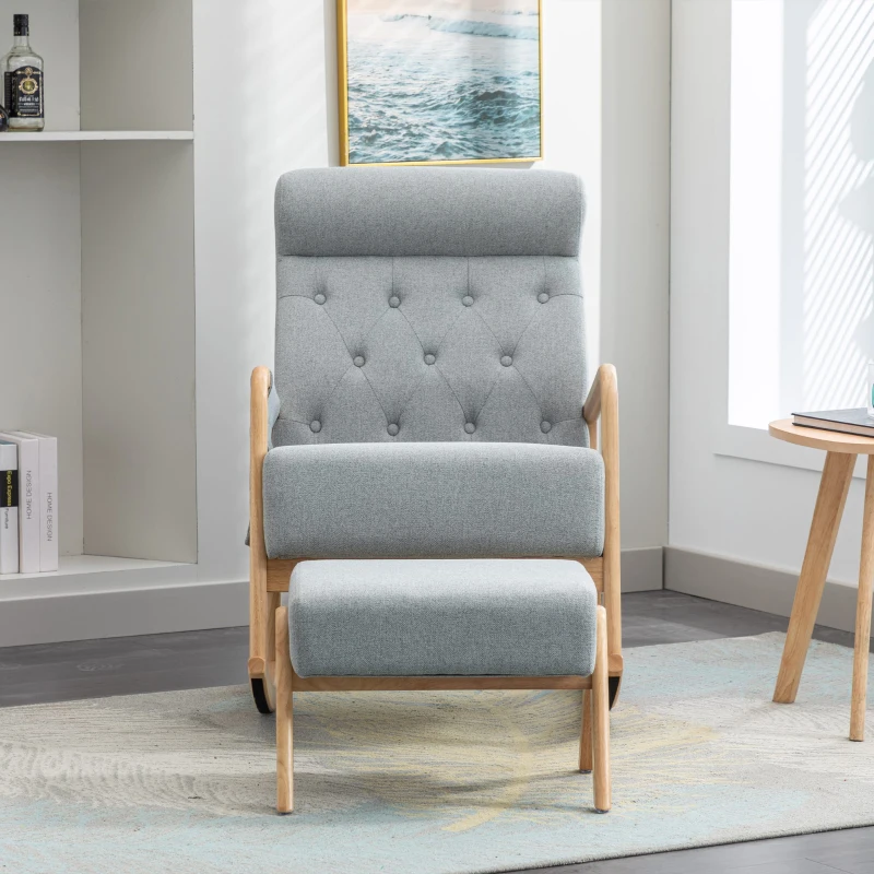 Schaukelstuhl mit Hocker, mit Fußstütze, Massivholz, extra bequem für Zuhause, Gesamttag, Hellgrau