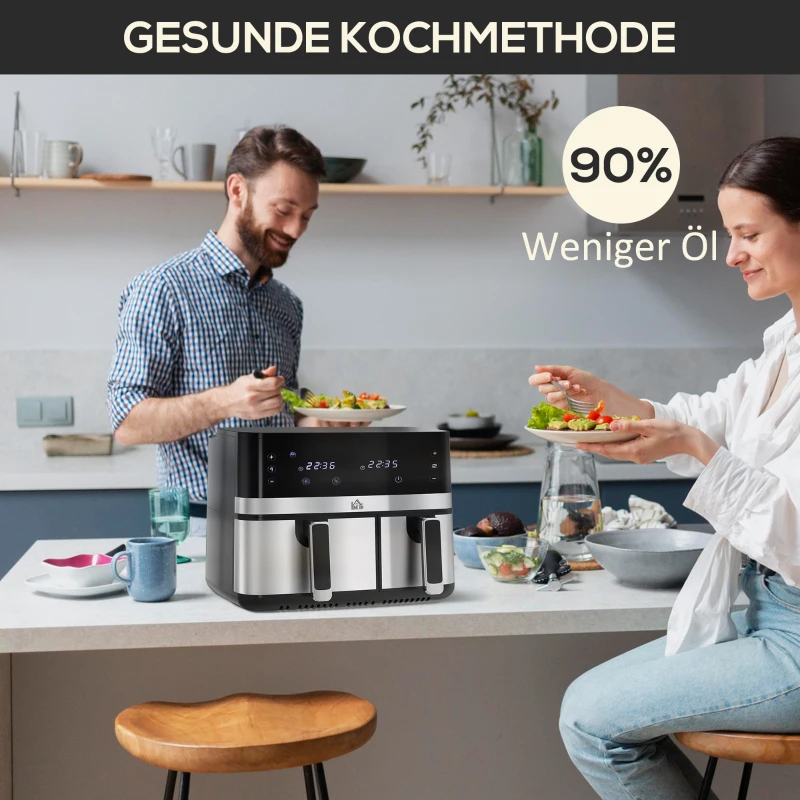 HOMCOM Heißluftfriteuse Friteuse, 2700 W, 8 Einstellungen, 41,8 cm x 39,2 cm x 31,1 cm, Schwarz + Silber(m-10)