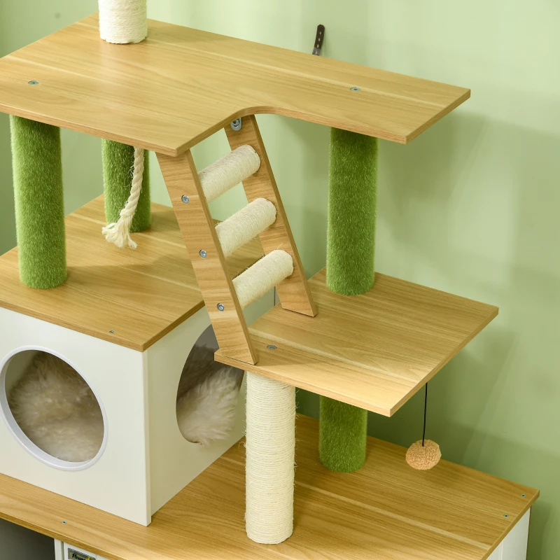 PawHut Krabpaal Katteboom, inclusief Kast, 1 Kattenhol, 80 x 48 x 160cm, 1 Ladder, Eik + Wit