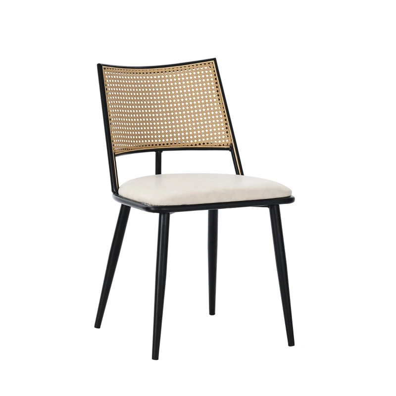 Juego de 2 Sillas de Comedor con Asiento de Pu y Respaldo de Ratán Estructura de Metal Negro