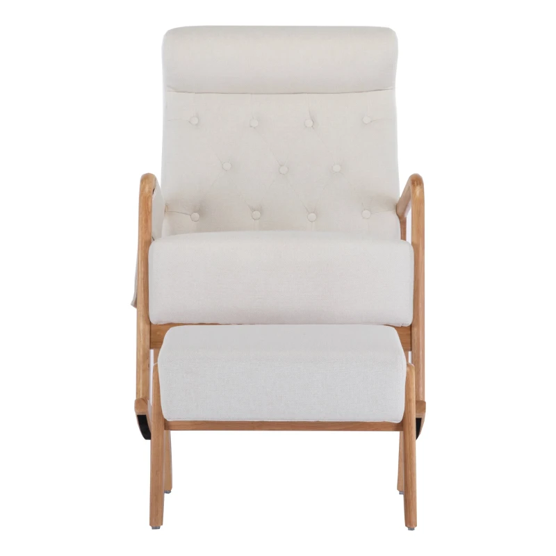 Schaukelstuhl mit Hocker - Ergonomisch, mit Fußstütze, hochwertiger Stoff, massives Holz, 65x85x94 cm, Beige