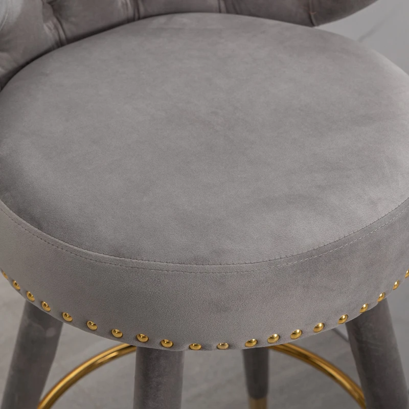 Set aus 2 höhenverstellbaren Barhockern mit Lehne und 360°-Drehung, Holzfüßen und Bezug in Samtoptik für Zuhause, Küche und Restaurants, Grau