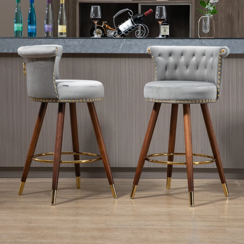 Set aus 2 höhenverstellbaren Barhockern mit Lehne mit Bezug in Samtoptik und Nieten, Holzbeinen für Küche und Esszimmer, weicher Sitz, Grau