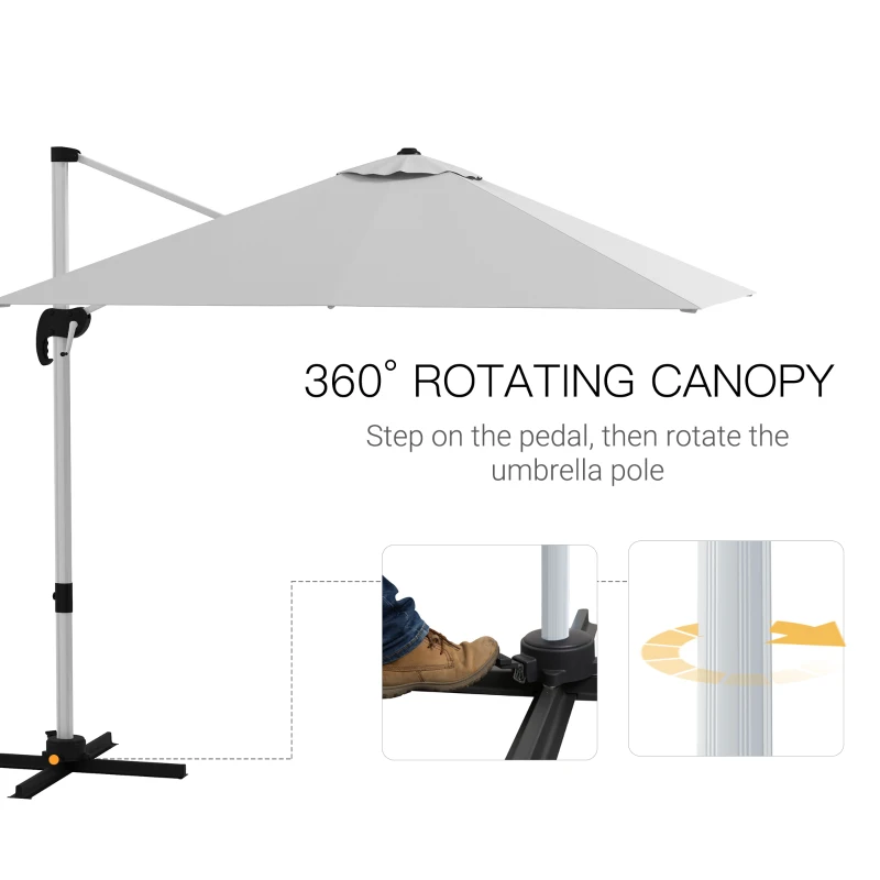 Outsunny 3 x 3(m) Cantilever Roma Parasol with Aluminum Frame, Crank and Tilt, Square Overhanging Patio Umbrella with 360° Rotation, 250g Sun Shade Canopy with Cross Base, White